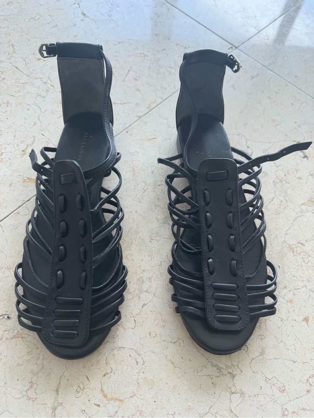 All Saints Black Strappy Ankle-Buckle Sandals